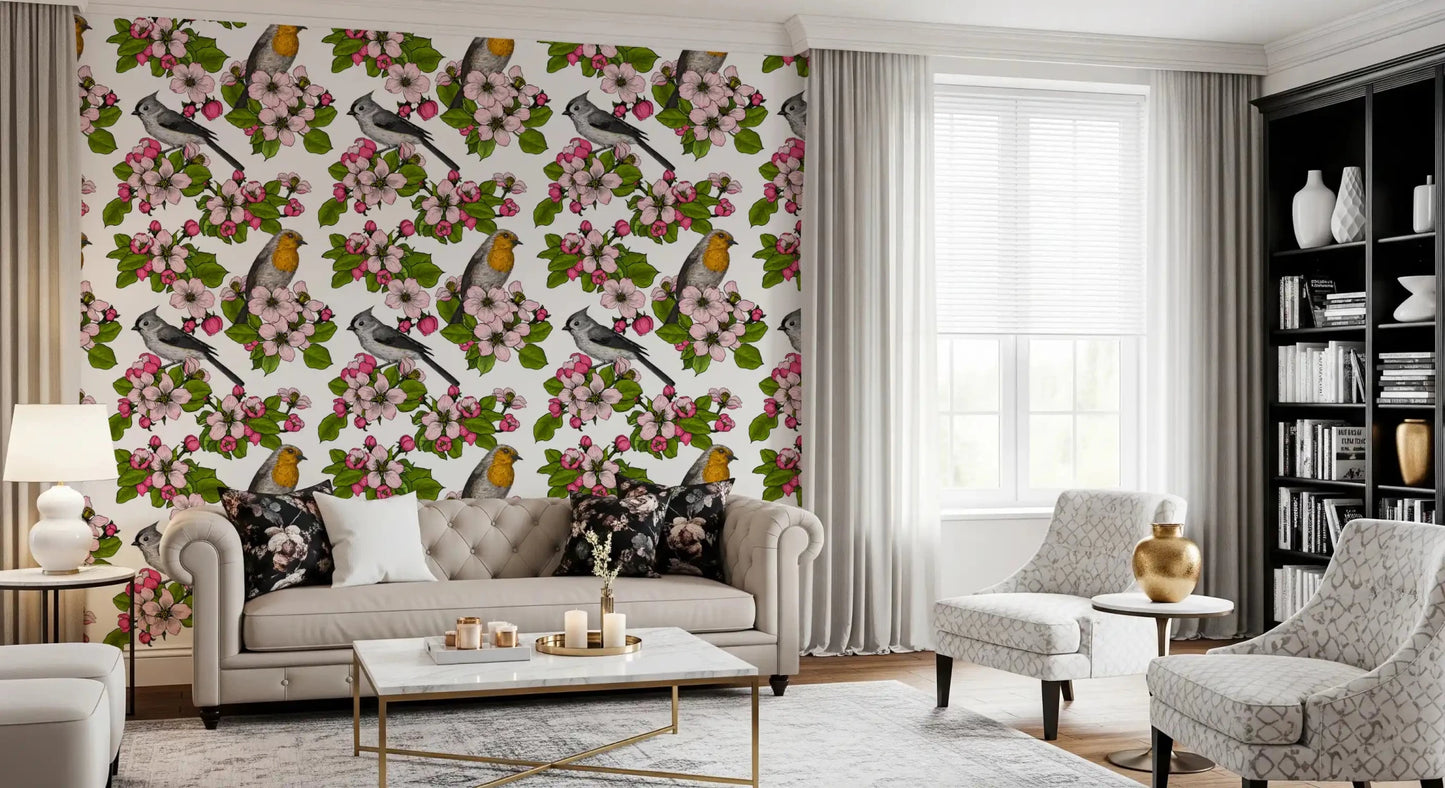 Birds and Blossoms wallpaper with perched birds and soft bloom accents