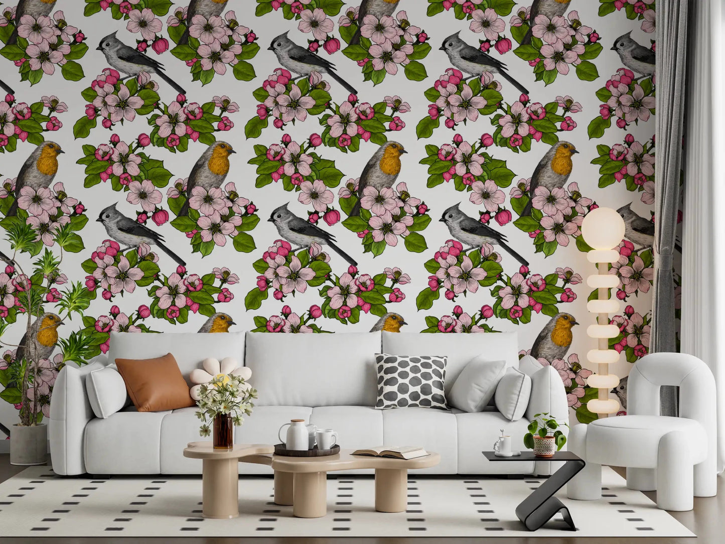 Birds and Blossoms wallpaper in hallway with blooms and leafy detail