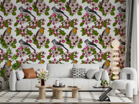 Birds and Blossoms wallpaper in hallway with blooms and leafy detail