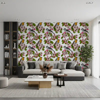 Birds and Blossoms wallpaper in living room with floral branches on white
