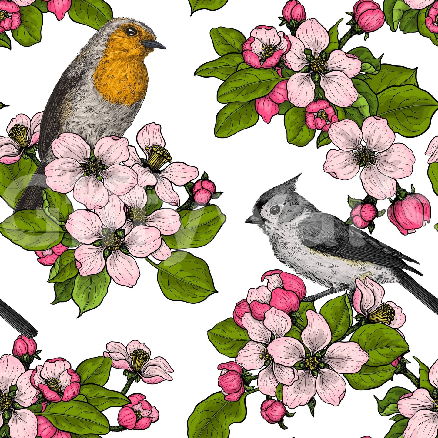 White botanical wallpaper with Birds and Blossoms in a classic repeat