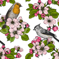 White botanical wallpaper with Birds and Blossoms in a classic repeat