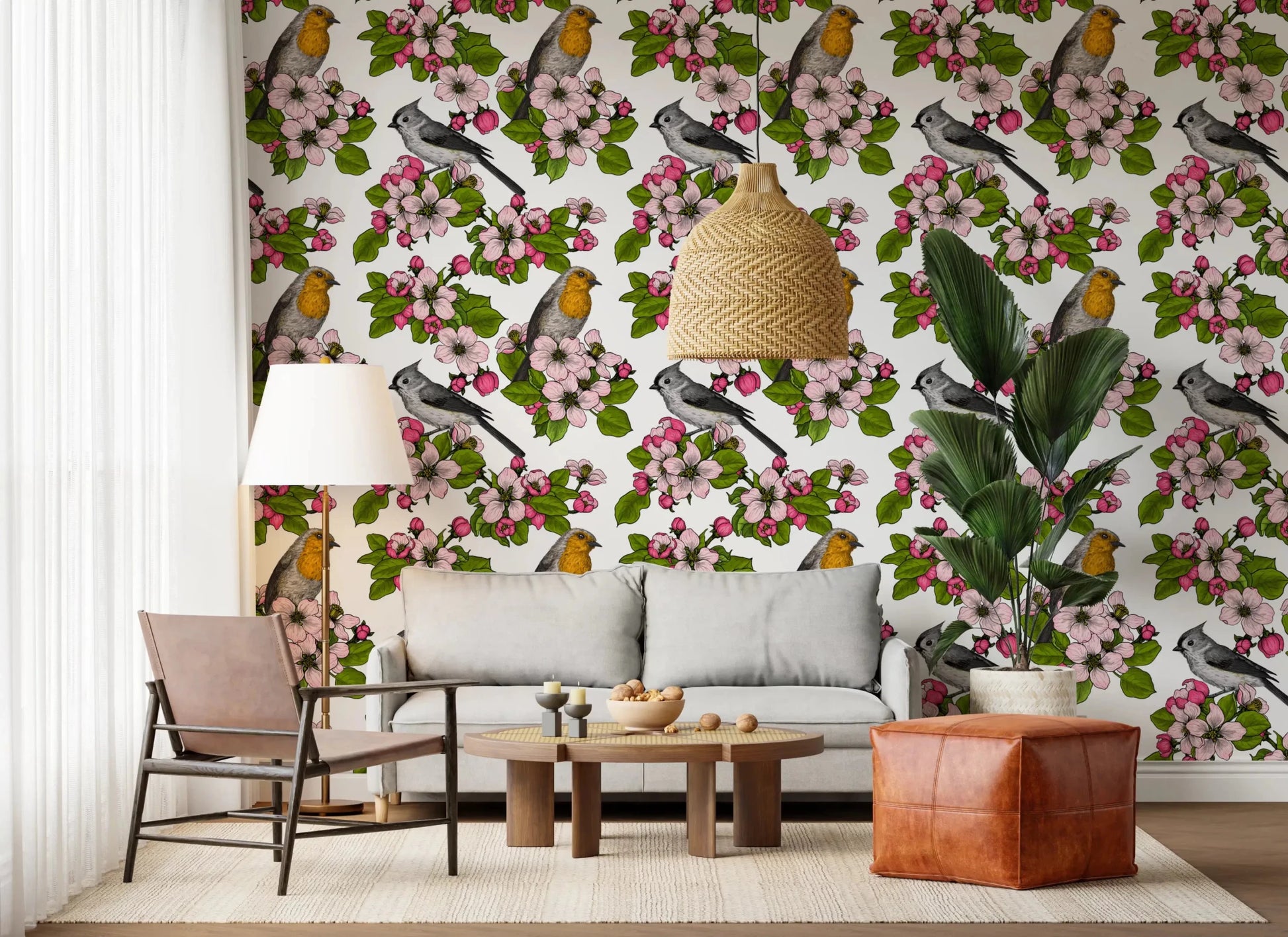Office area wall with Birds and Blossoms wallpaper on a crisp white base