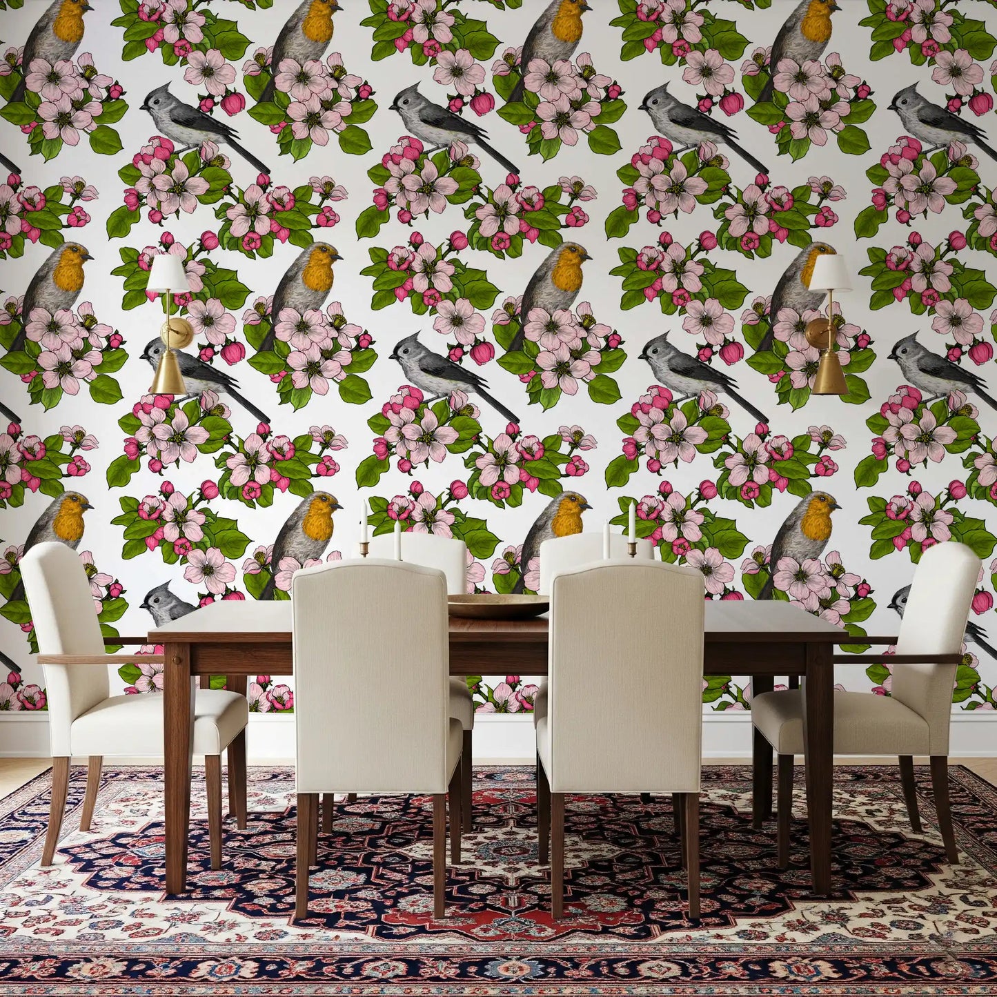 Clean white wallpaper featuring Birds and Blossoms and garden detail