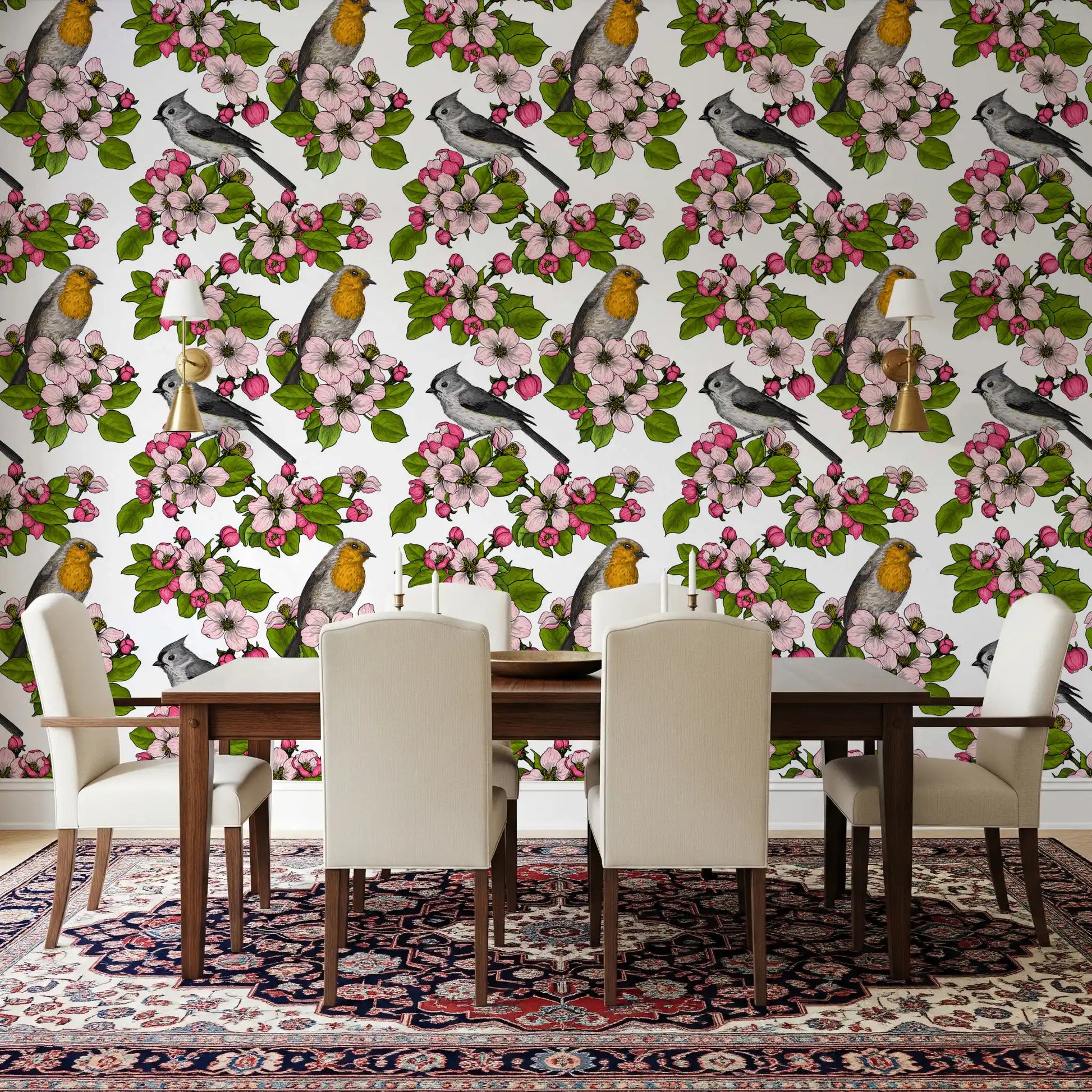 Clean white wallpaper featuring Birds and Blossoms and garden detail