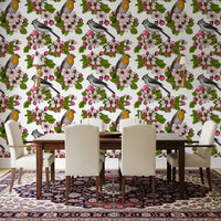Clean white wallpaper featuring Birds and Blossoms and garden detail