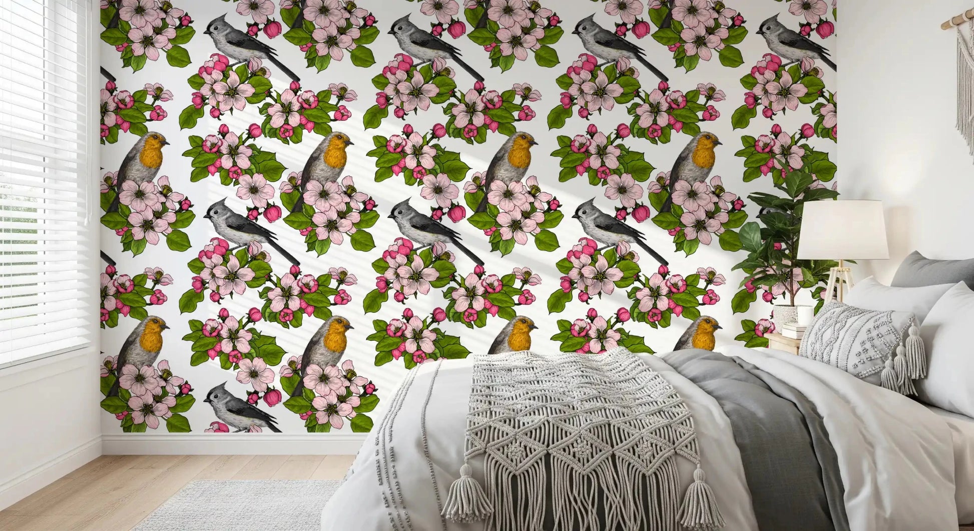 Birds and Blossoms wallpaper with leafy pattern and floral movement