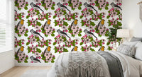 Birds and Blossoms wallpaper with leafy pattern and floral movement