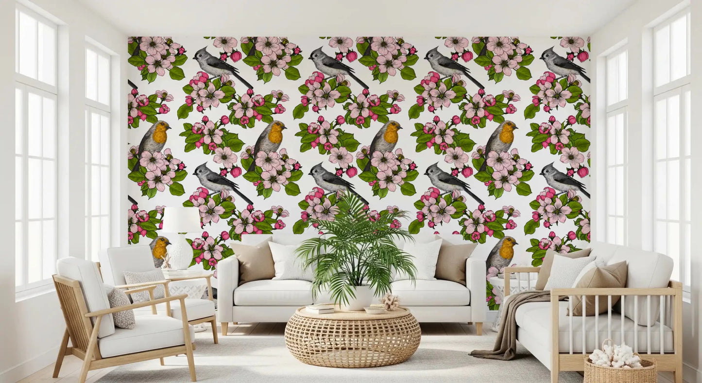 White Birds and Blossoms wallpaper with delicate floral branch repeat