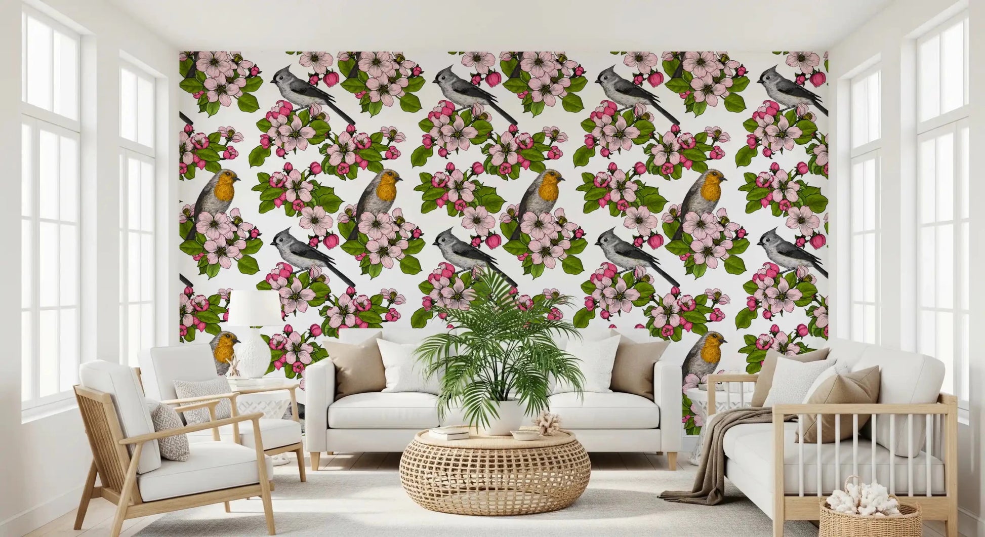 White Birds and Blossoms wallpaper with delicate floral branch repeat