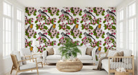 White Birds and Blossoms wallpaper with delicate floral branch repeat