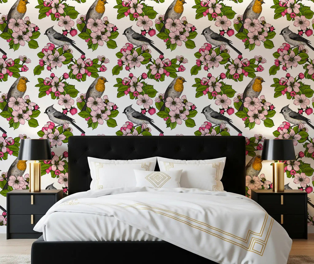 White Birds and Blossoms wallpaper for bedroom with soft bird pattern