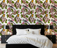 White Birds and Blossoms wallpaper for bedroom with soft bird pattern