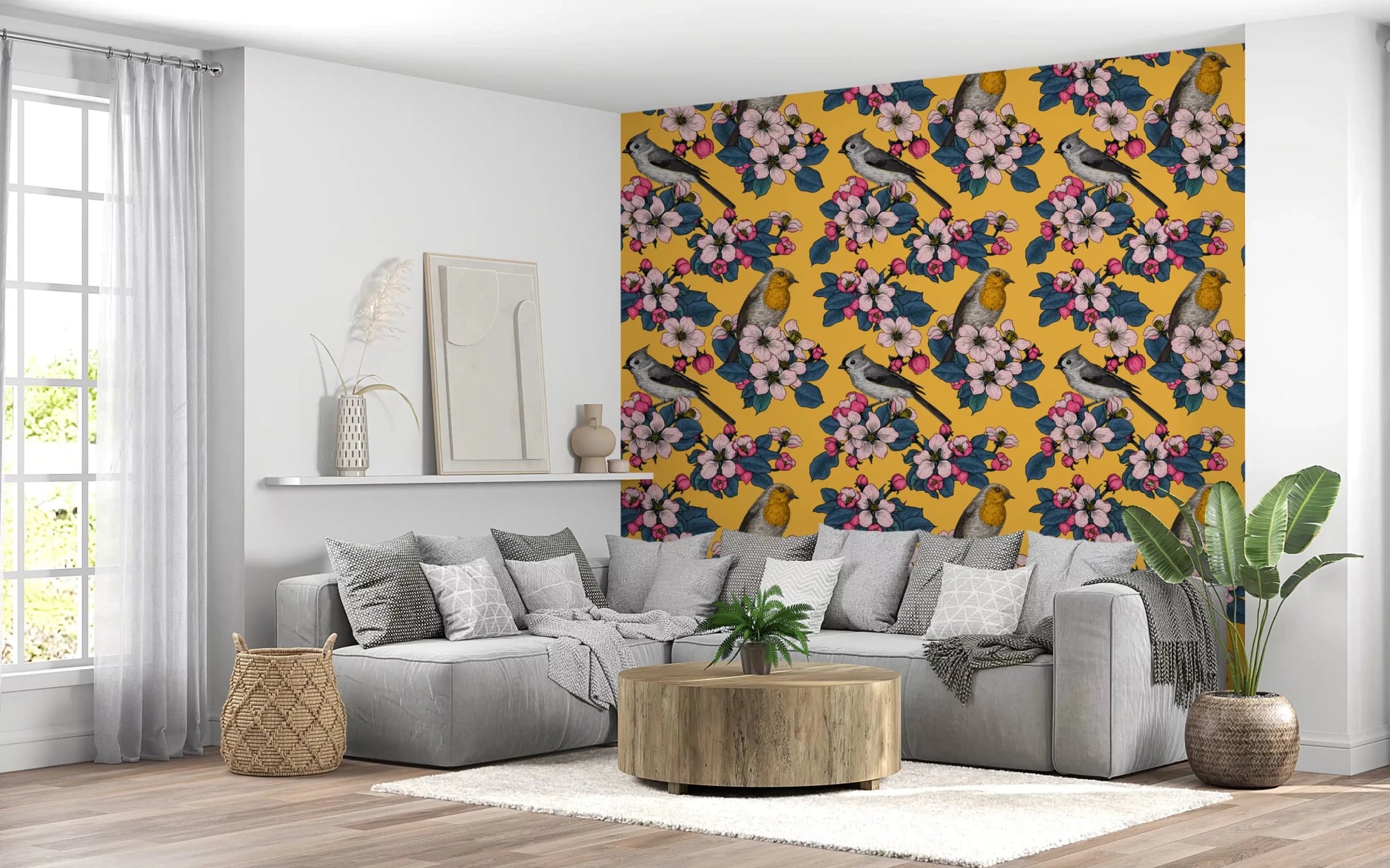 Blossom bird wallpaper in living room with warm yellow and leafy detail