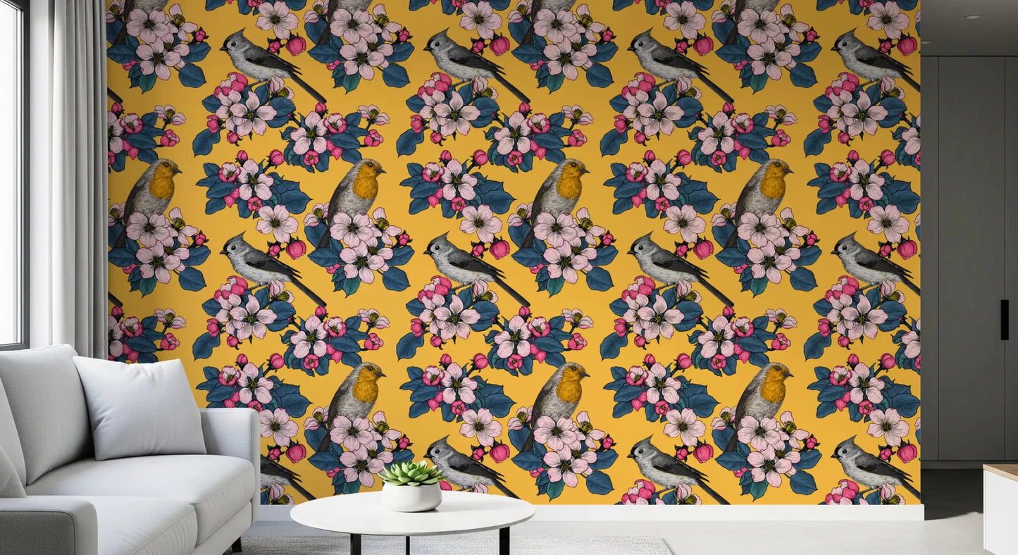 Nature pattern wallpaper with blossoms, leaves, and bird accents