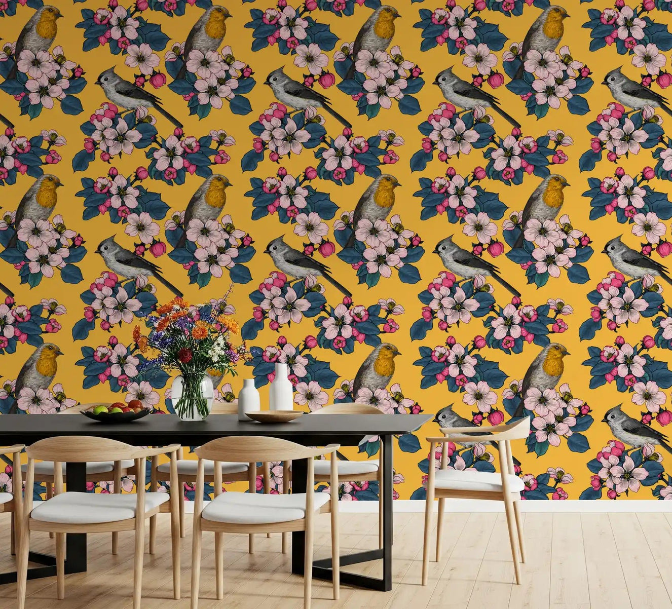 Classic bird wallpaper with blossoms over a warm mustard yellow base