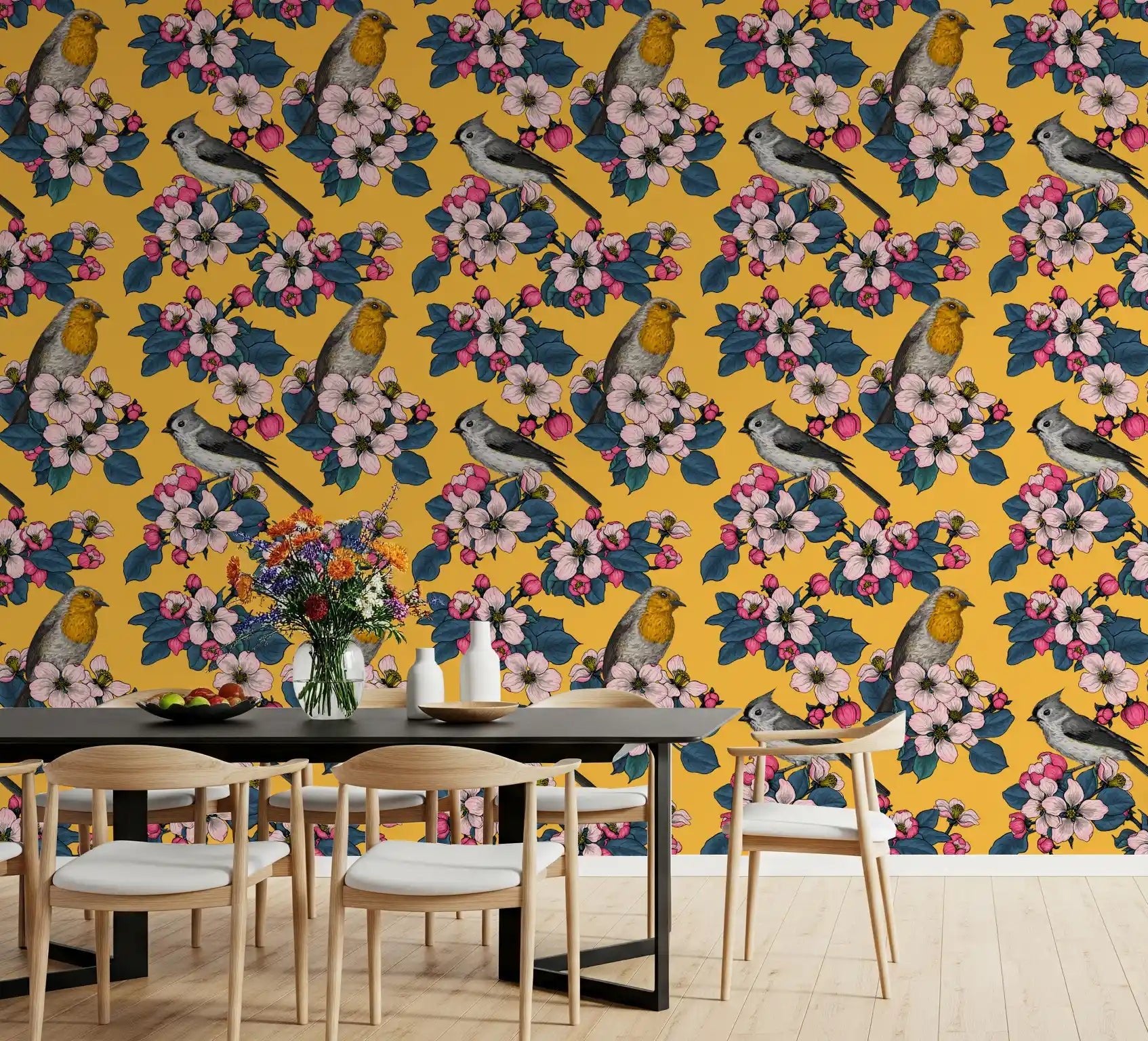 Classic bird wallpaper with blossoms over a warm mustard yellow base