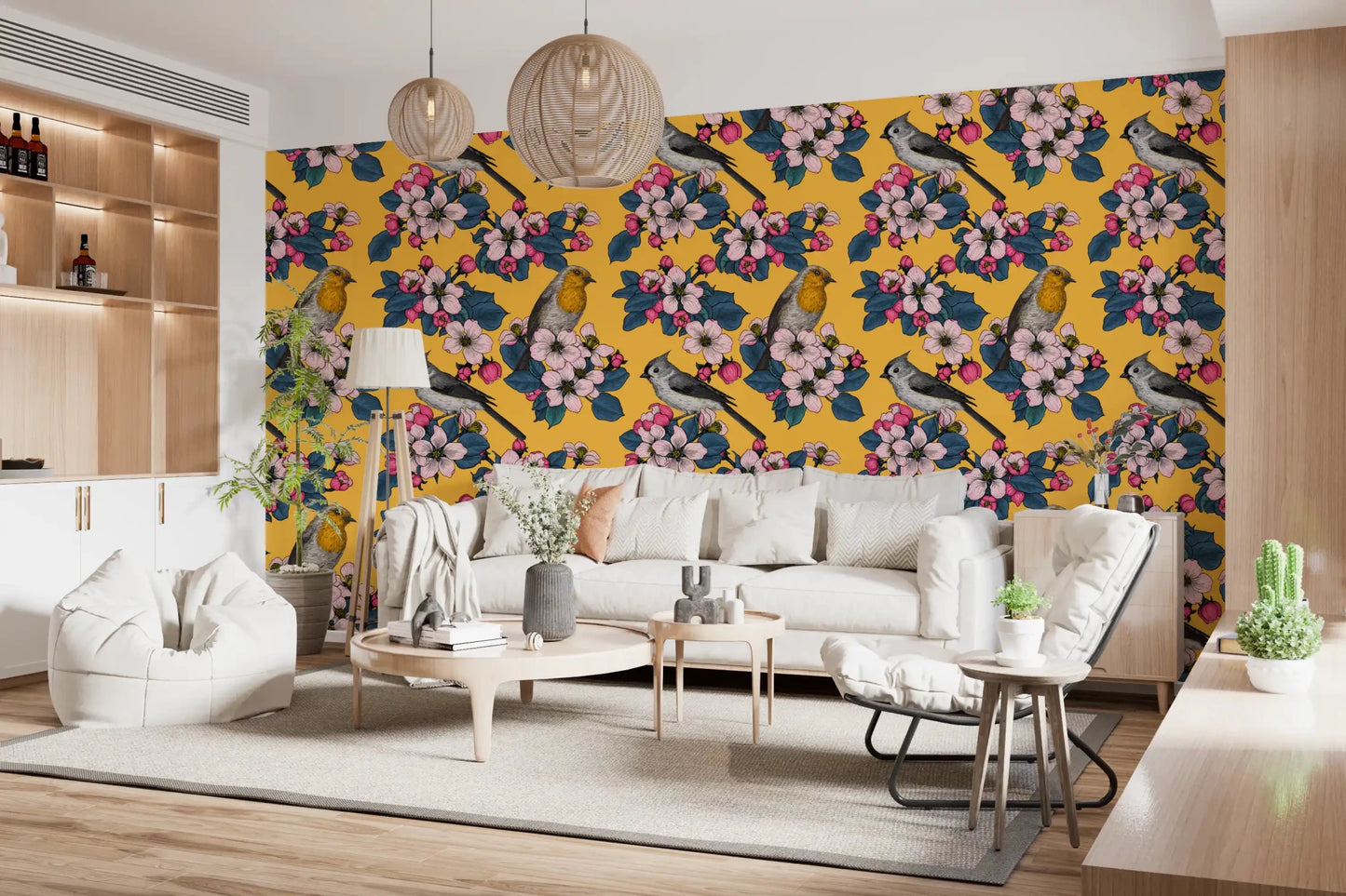 Floral bird wallpaper with rich yellow color and vintage surface detail