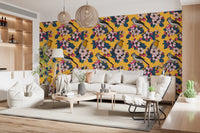 Floral bird wallpaper with rich yellow color and vintage surface detail