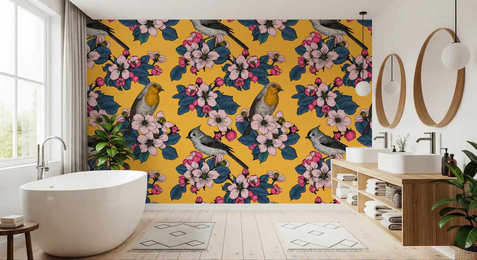 Birds and Blossoms on Yellow Wallpaper in bathroom with garden print
