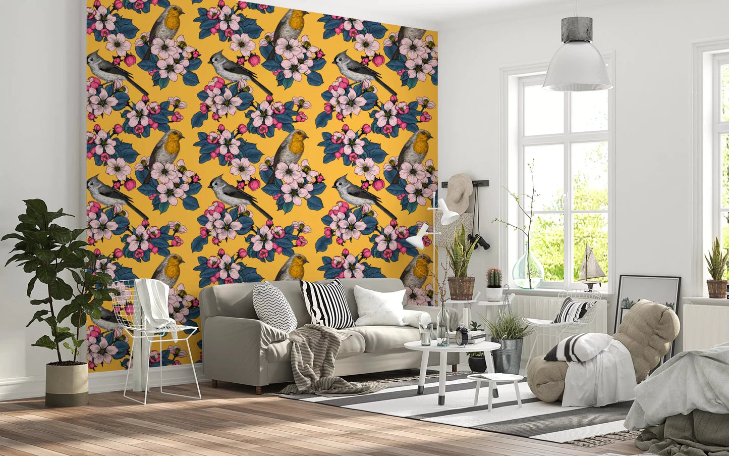 Decorative yellow wallpaper with floral clusters and perched birds