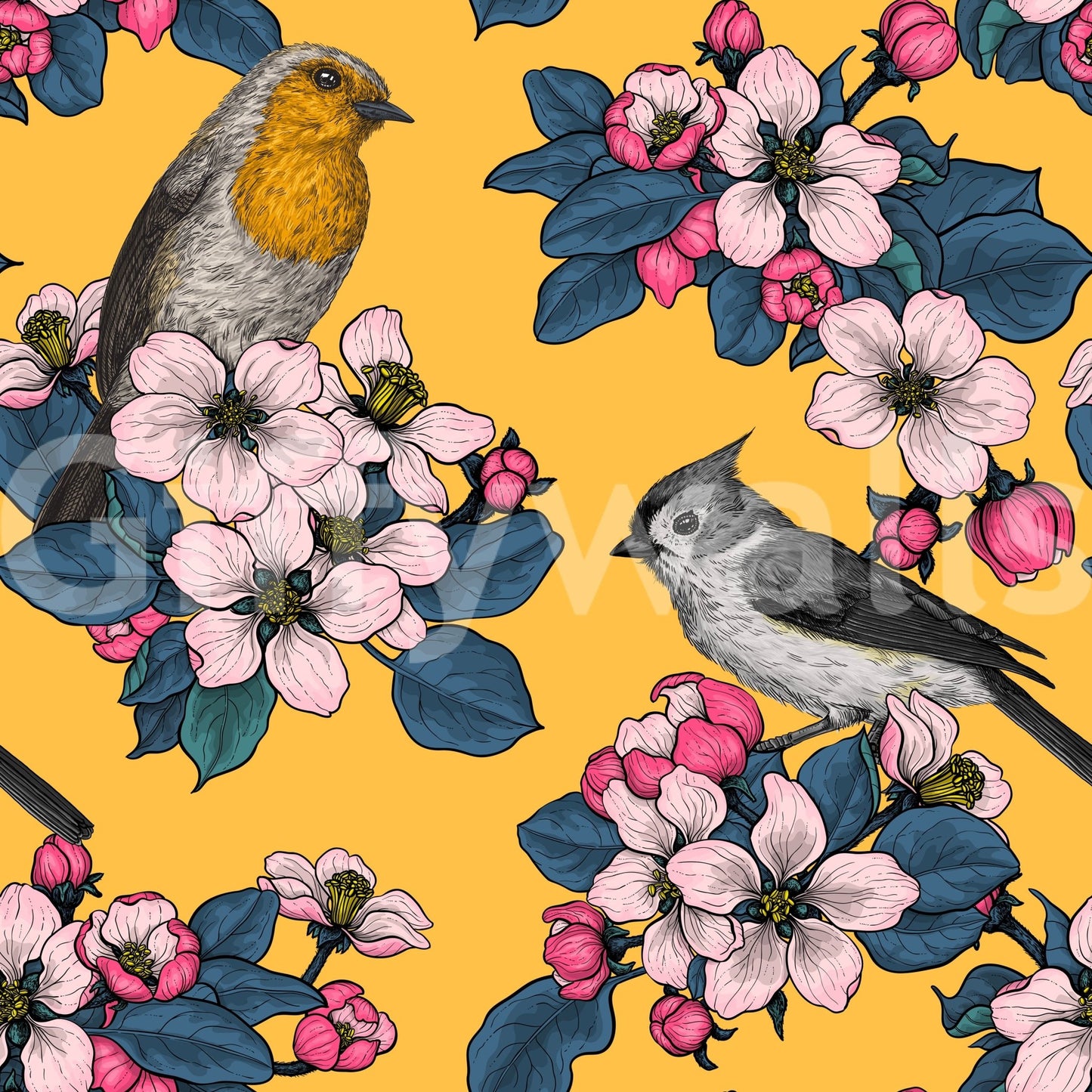 Detailed floral wallpaper with birds and trailing branch artwork