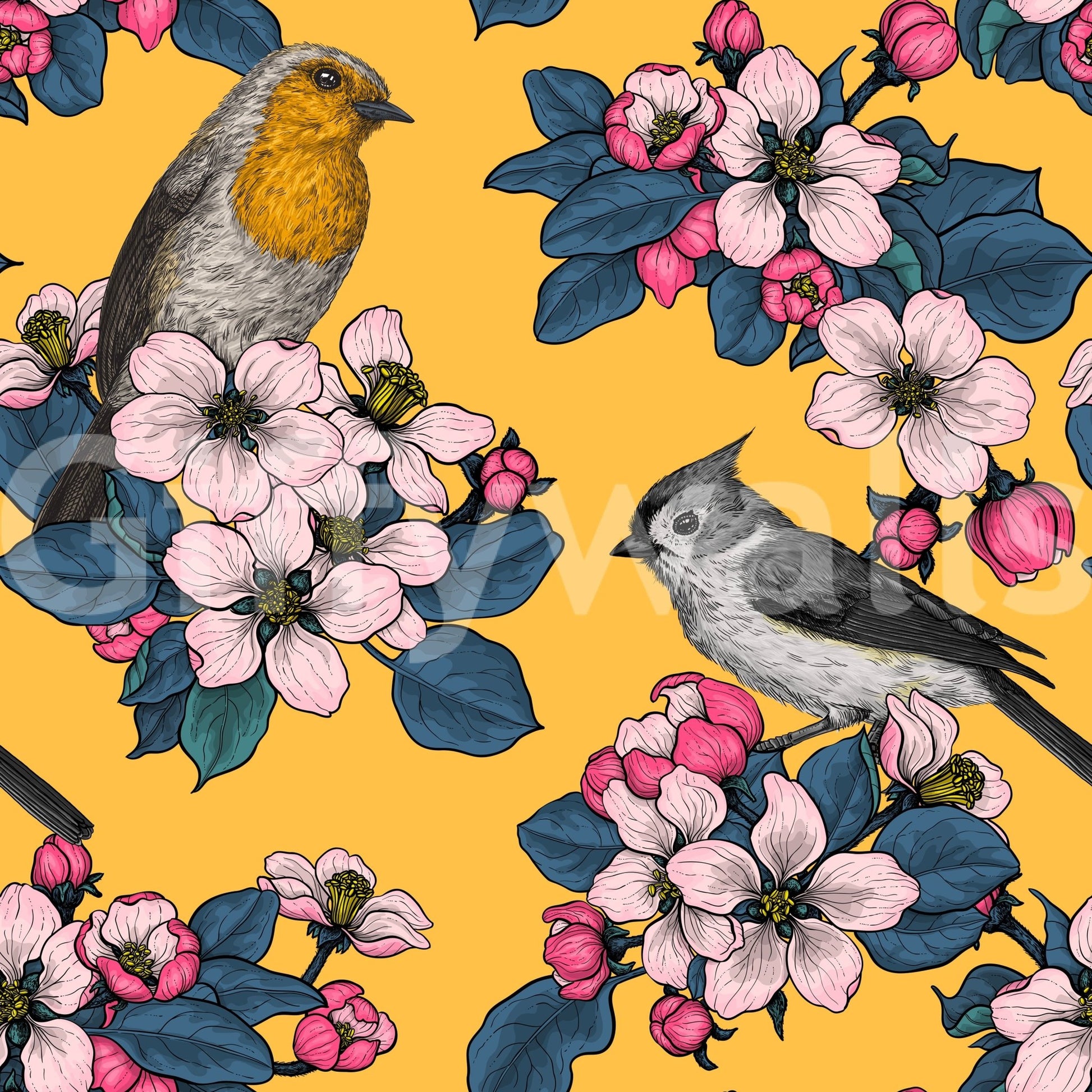 Detailed floral wallpaper with birds and trailing branch artwork