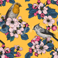 Detailed floral wallpaper with birds and trailing branch artwork