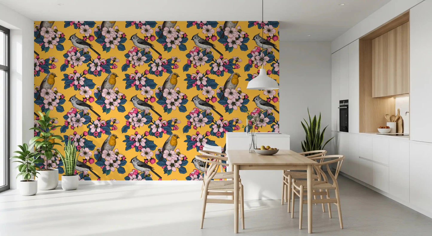 Yellow floral wallpaper for dining area with perched birds and branch pattern