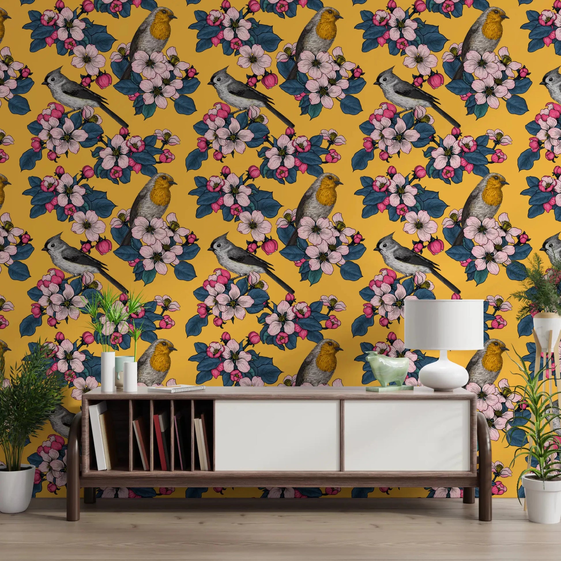 Birds and Blossoms on Yellow Wallpaper with layered flowers and birds
