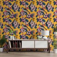Birds and Blossoms on Yellow Wallpaper with layered flowers and birds