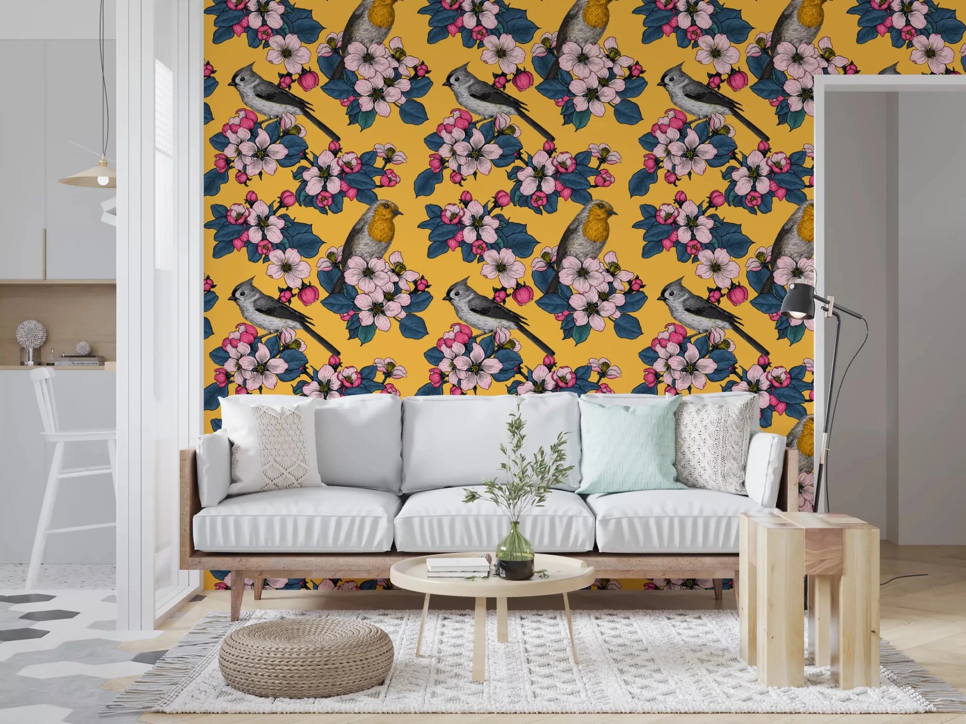 Yellow bird wallpaper for hallway with floral branches and soft blossoms