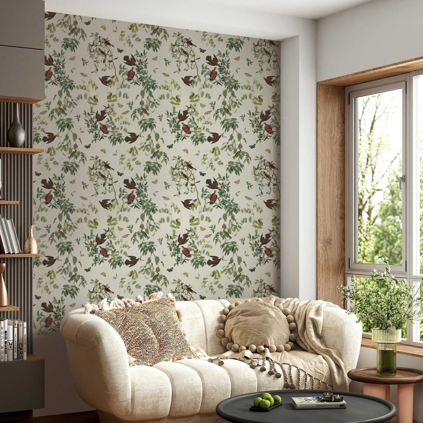 Green leafy mural wallpaper with butterflies

