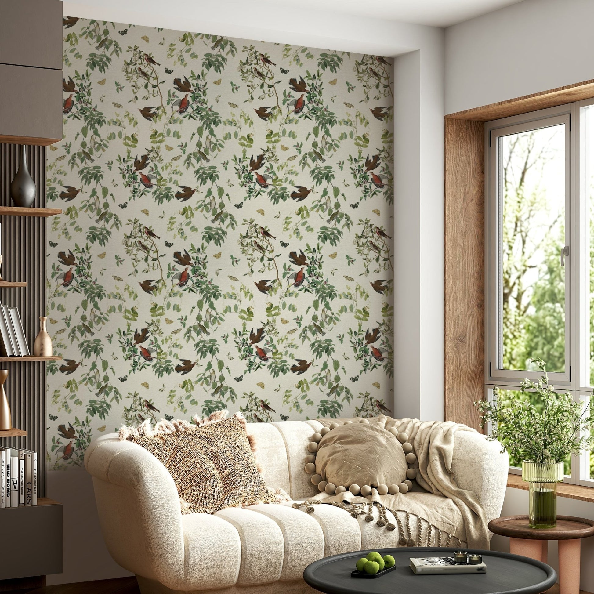 Green leafy mural wallpaper with butterflies

