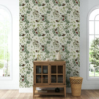 Olive green wallpaper with birds and butterflies

