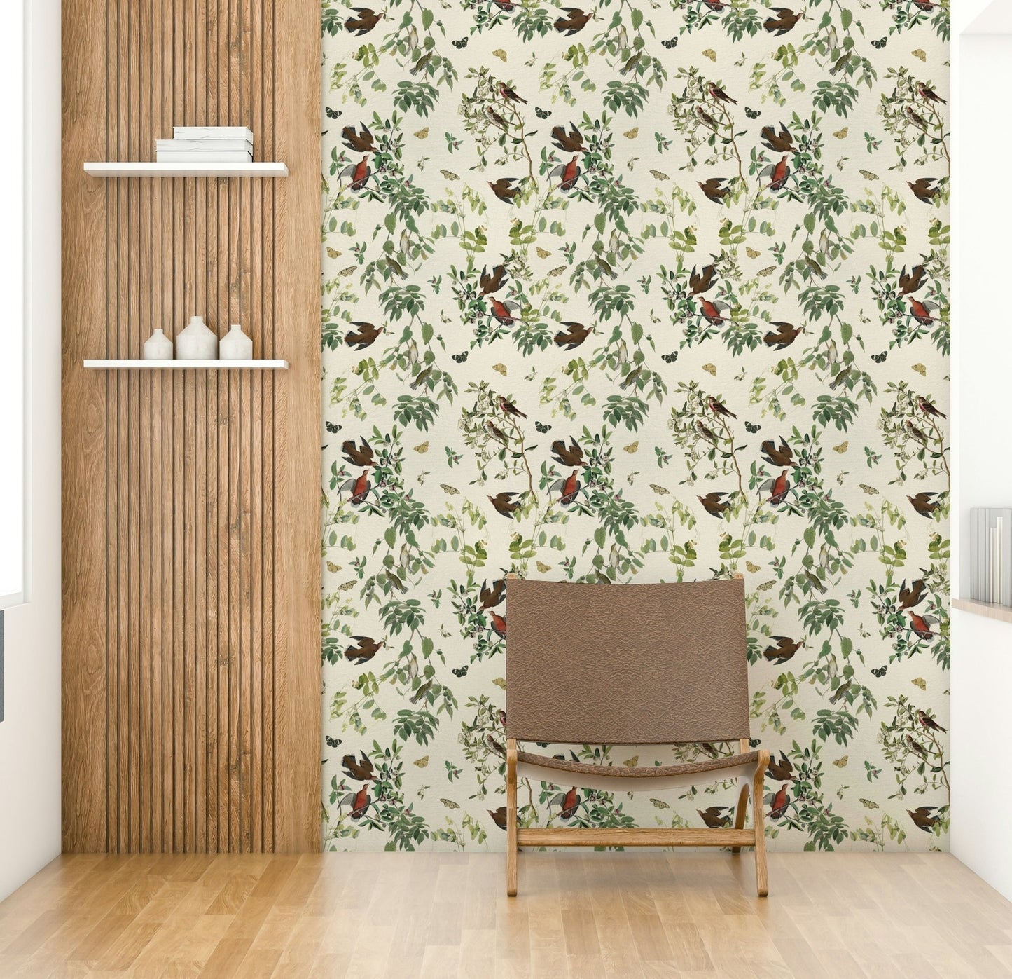 Bird and leaf wall mural in soft colors

