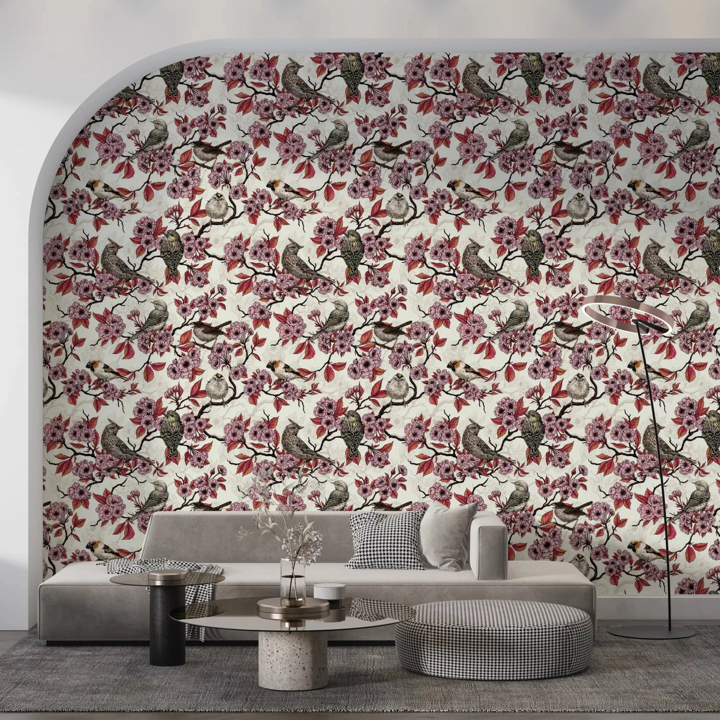 Birds and cherry blossom on ivory Wallpaper⁠