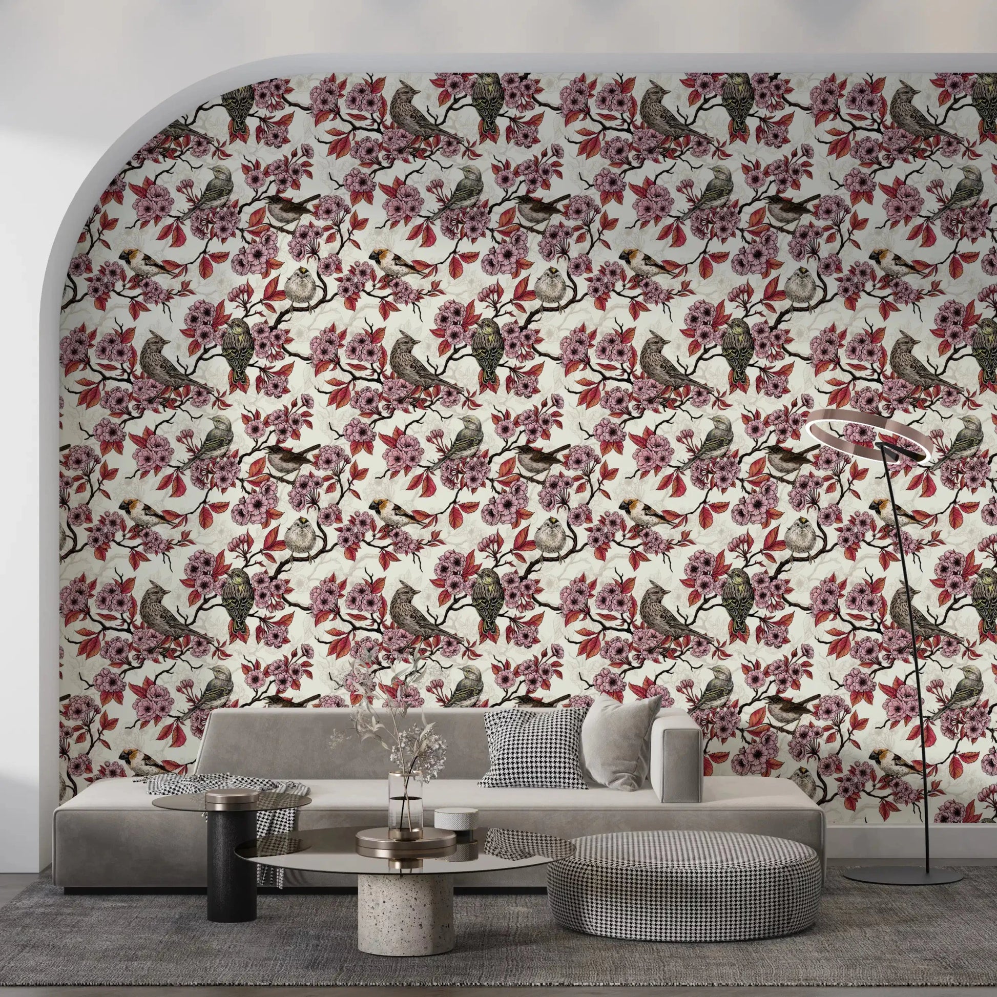 Birds and cherry blossom on ivory Wallpaper⁠