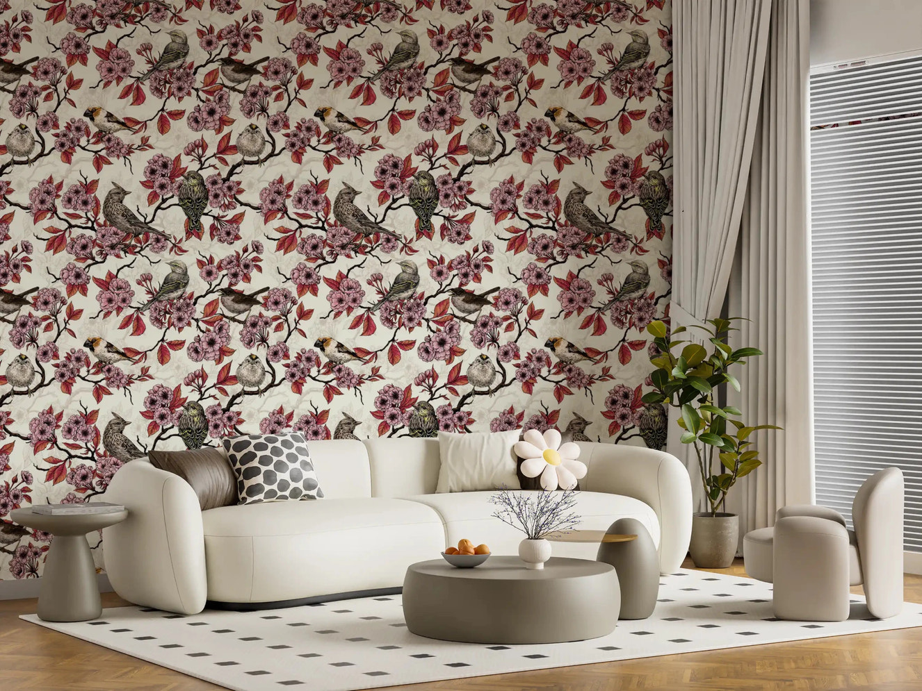 Birds and cherry blossom on ivory Wallpaper⁠