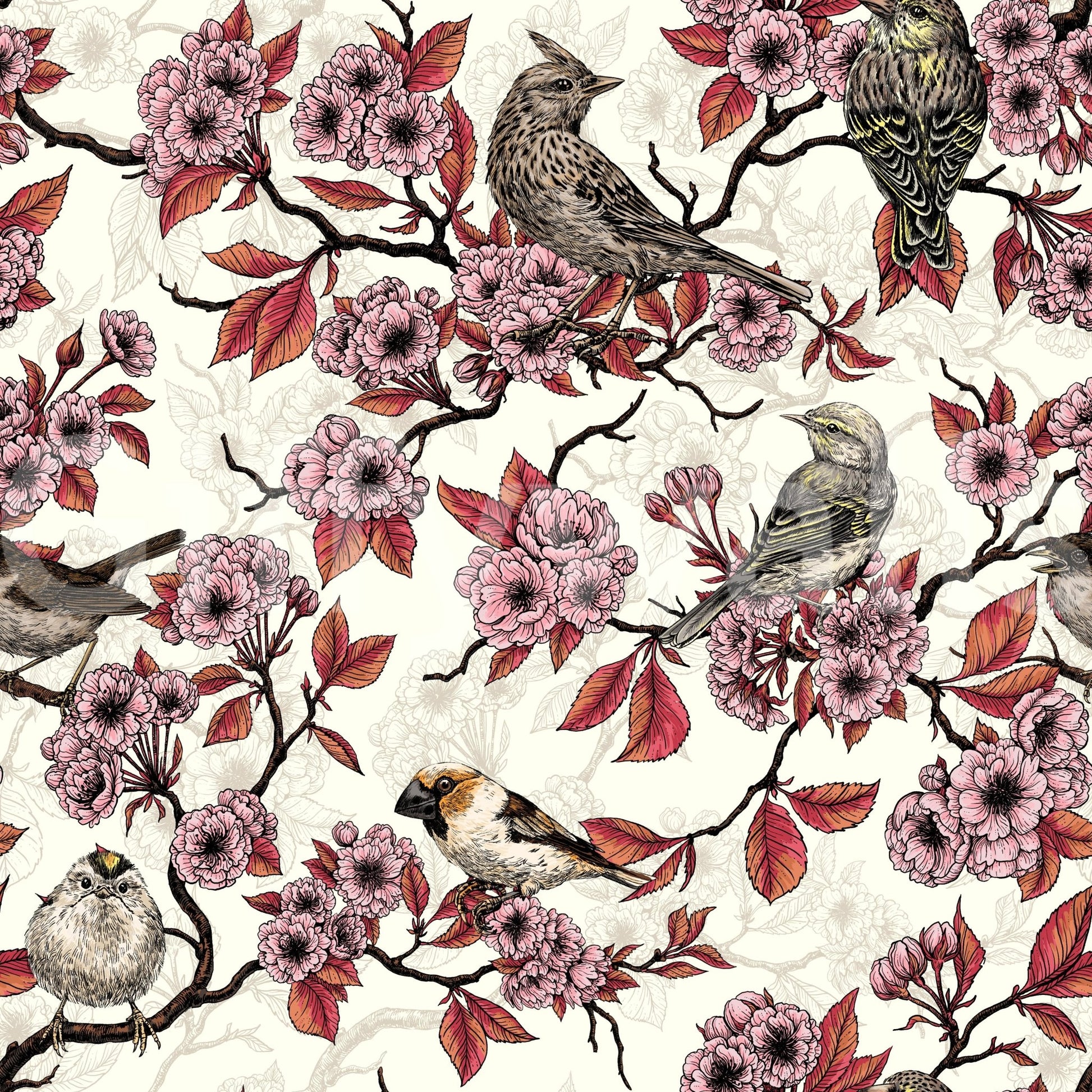 Birds and cherry blossom on ivory Wallpaper⁠