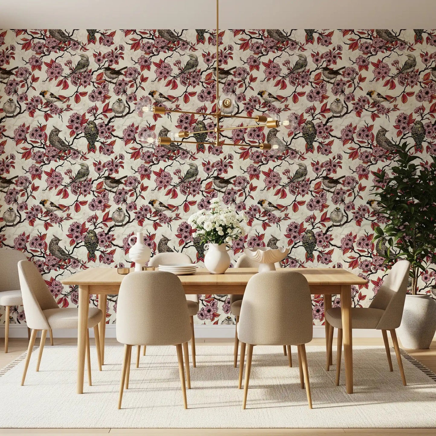 Birds and cherry blossom on ivory Wallpaper⁠