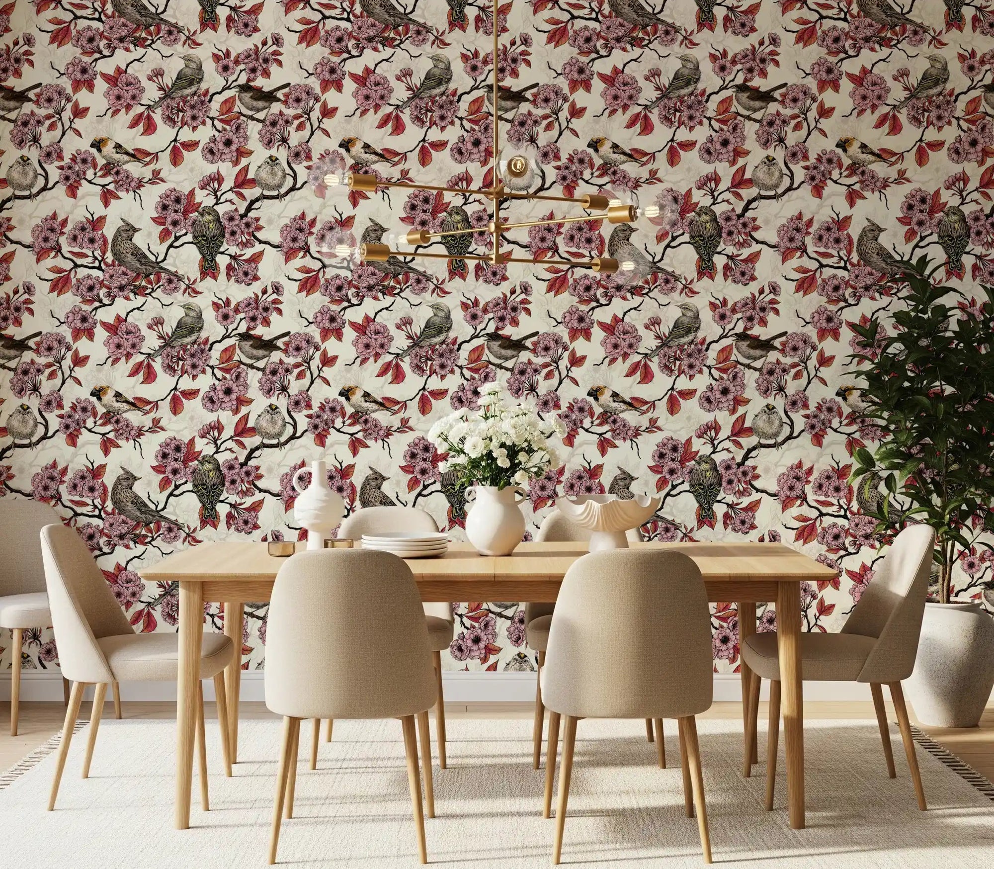 Dining room layered with Birds and Cherry Blossom on Ivory wallpaper in soft pinks, GD9087