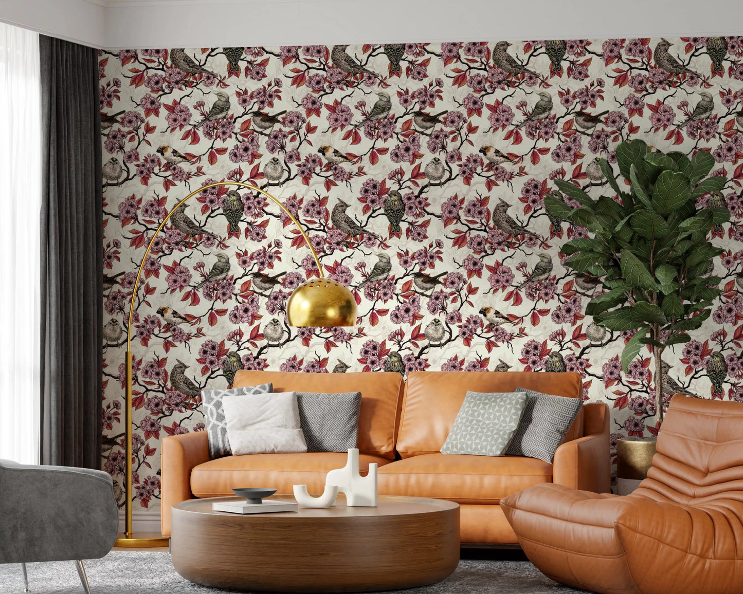 Birds and cherry blossom on ivory Wallpaper⁠