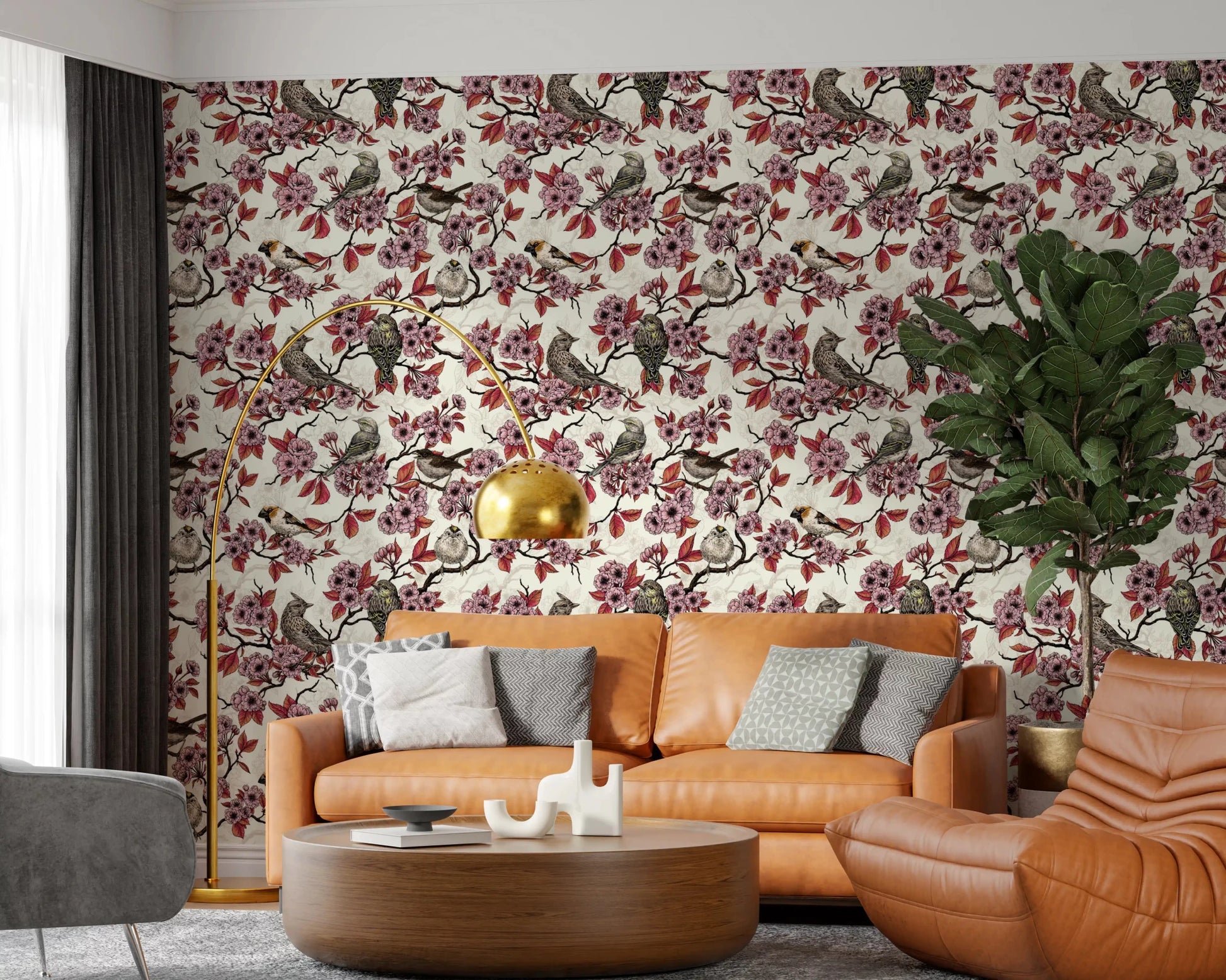 Birds and cherry blossom on ivory Wallpaper⁠