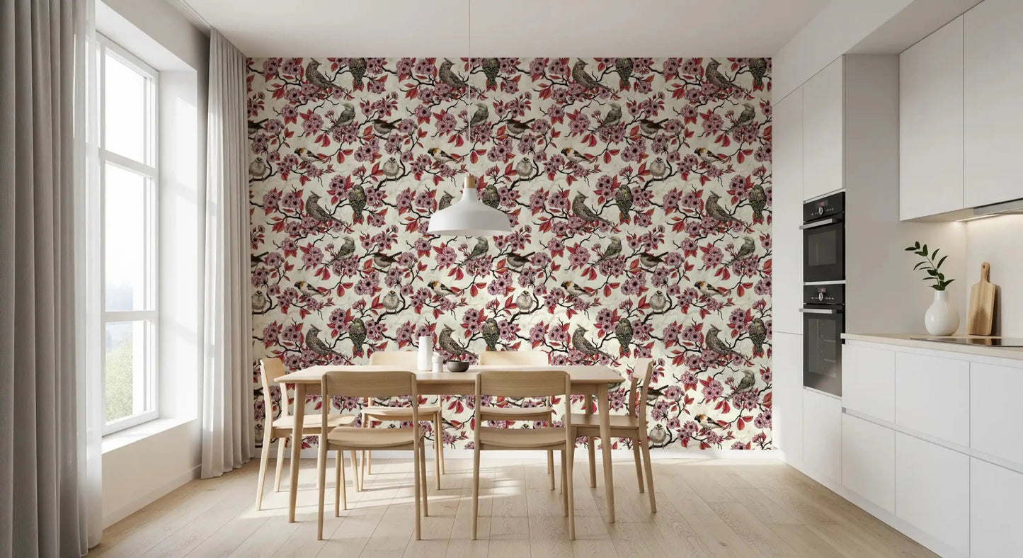 Birds and cherry blossom on ivory Wallpaper⁠