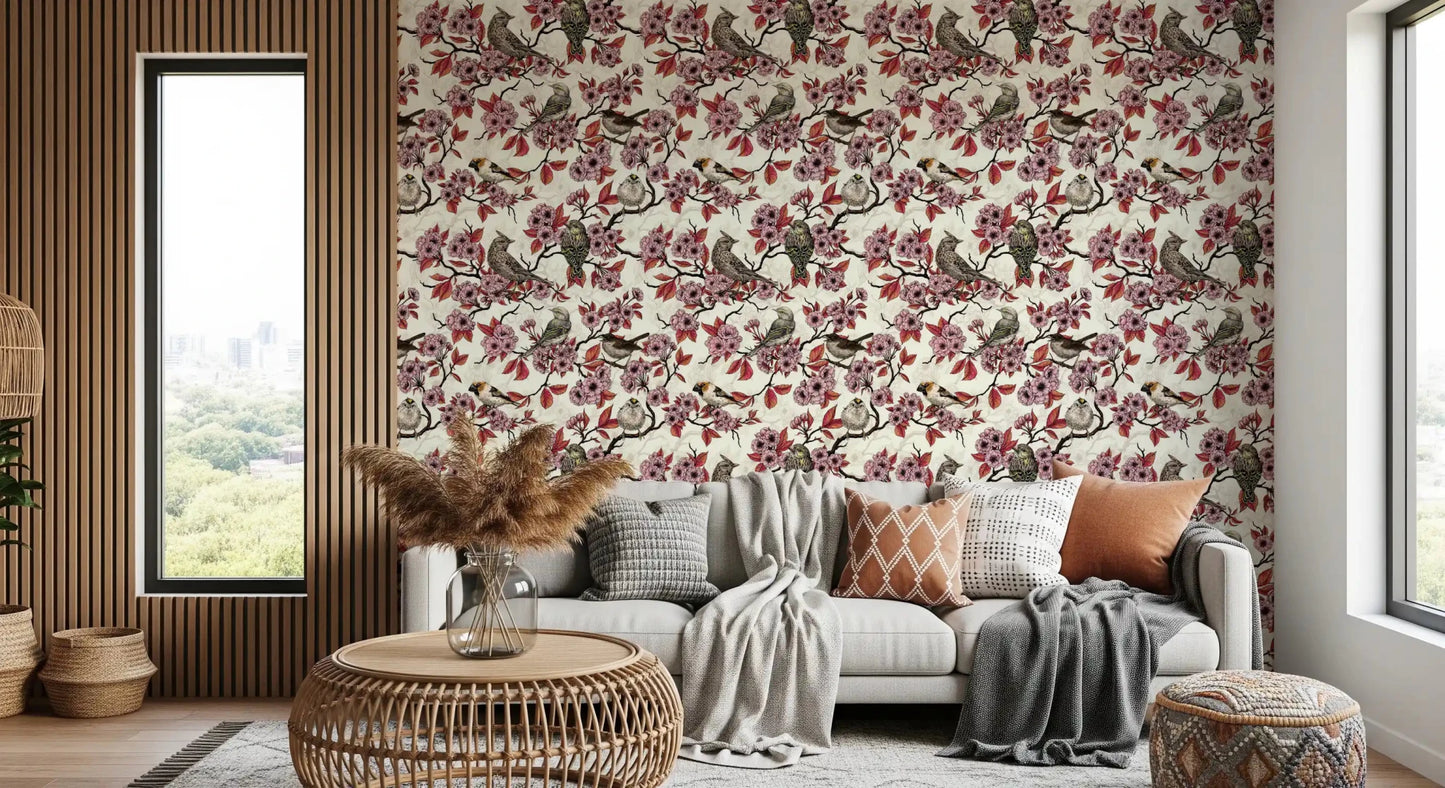 Birds and cherry blossom on ivory Wallpaper⁠