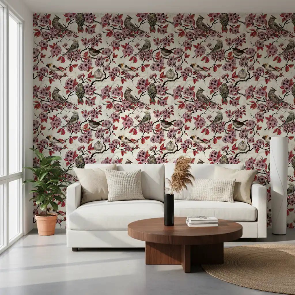 Birds and cherry blossom on ivory Wallpaper⁠