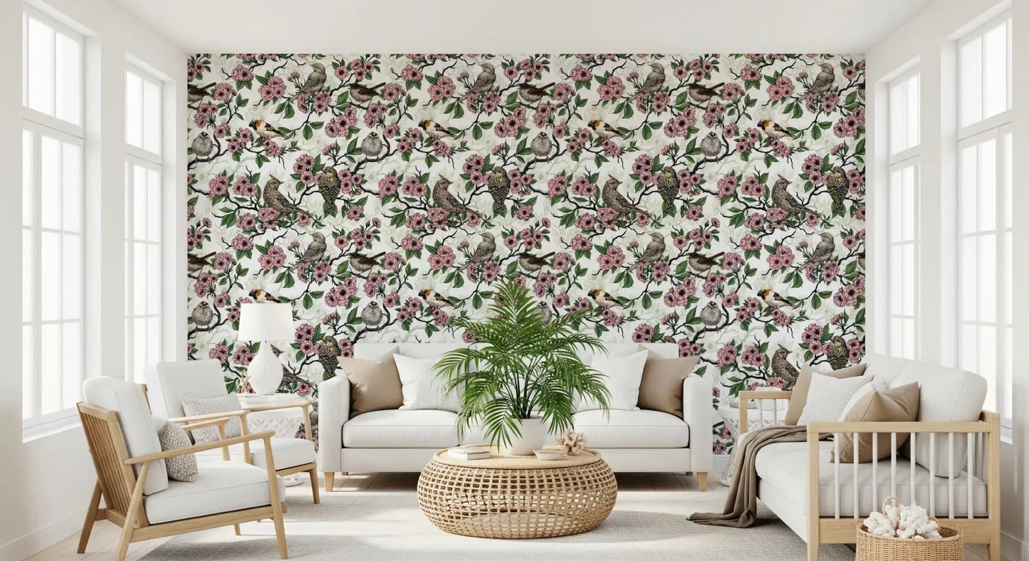 Pink blooms and songbirds carrying across a bright living room in this white floral, GD9086