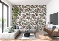 Lush green foliage twisting through pink florals on Birds and Cherry Blossom White wallpaper, GD9086