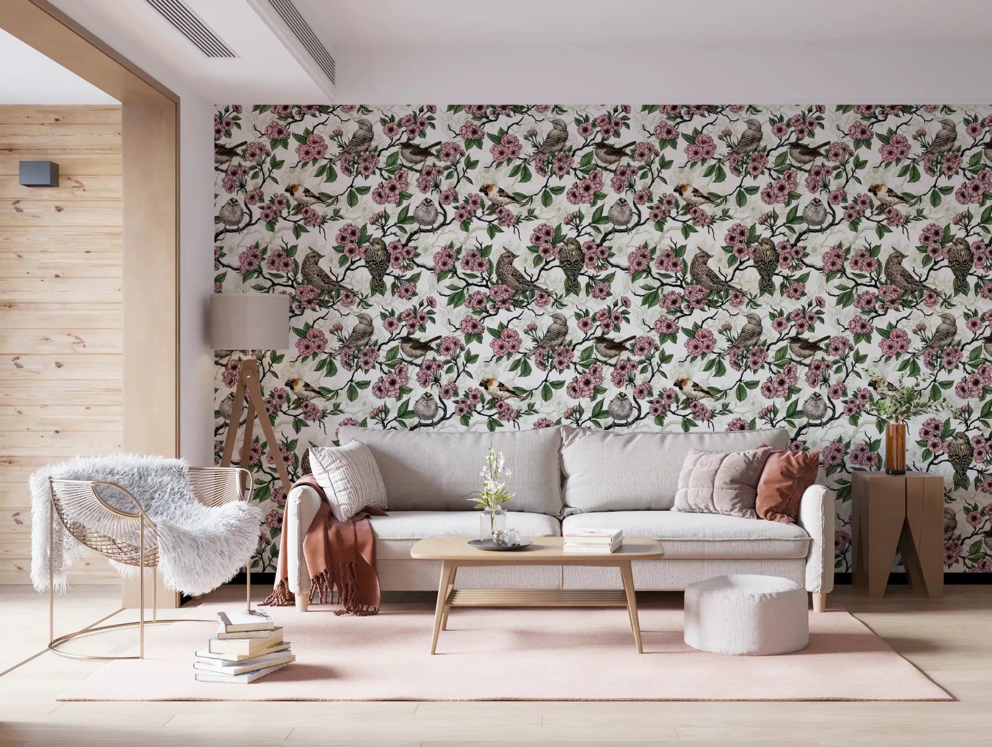 Living room backdrop set with sketched birds on the Cherry Blossom White pattern, GD9086